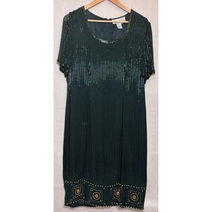 A.J. Bari Vintage 100% Silk Beaded Cocktail Dress Green Gold Size 14